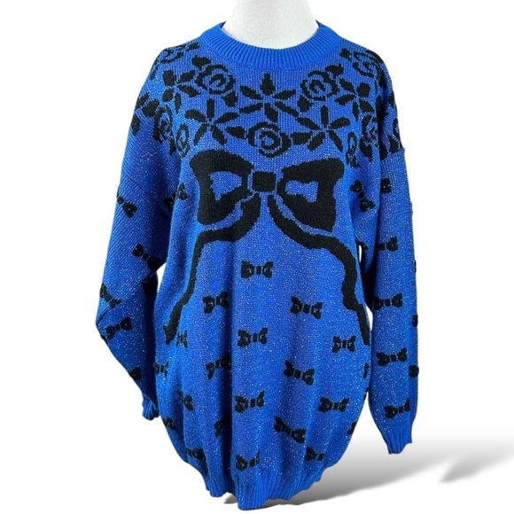 Vintage 80s 90s Oversized Coquette Shimmer Bow Sweater Blue Metallic Size Medium - Picture 1 of 11